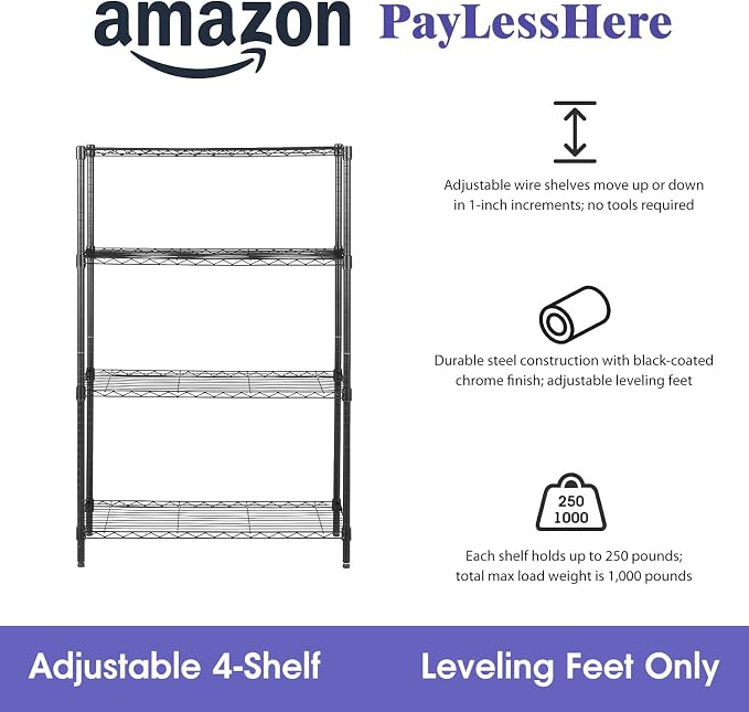 PayLessHere | 4-Tier Wire Shelf | 36"x14"x54" | Black | Adjustable Racks | - Image 8