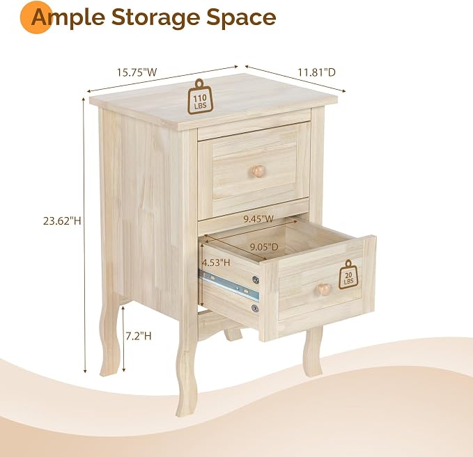 VINGLI Unfinished Solid Wood Nightstand - Image 2