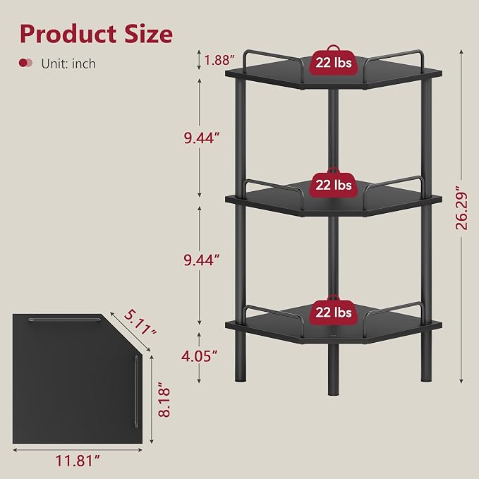 Tajsoon 3 Tier Corner Shelf Stand, Standing Corner Shelf Unit, Industrial - Image 3