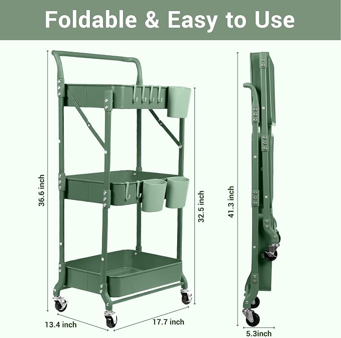 Amatic 3-Tier Folding Rolling Utility Cart - Image 2