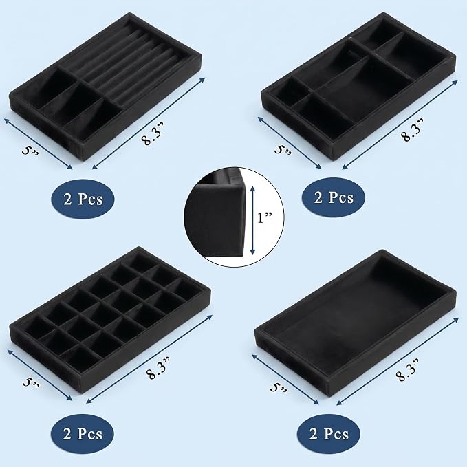 Elsjoy 8 Pack 4 Styles Black Velvet Jewelry Trays, Jewelry Organizer Tray - Image 2