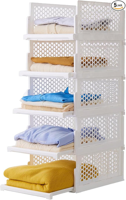 Pull-out Plastic Storage Basket, Stackable Closet Organizers Drawer Anti-Tipping by UniHIMO