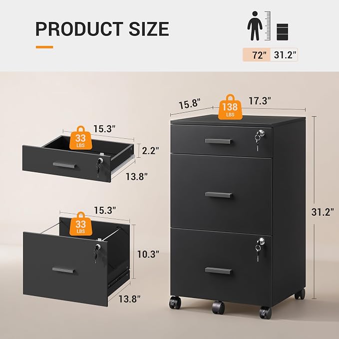 DEVAISE 3 Drawer Rolling File Cabinet - Image 2