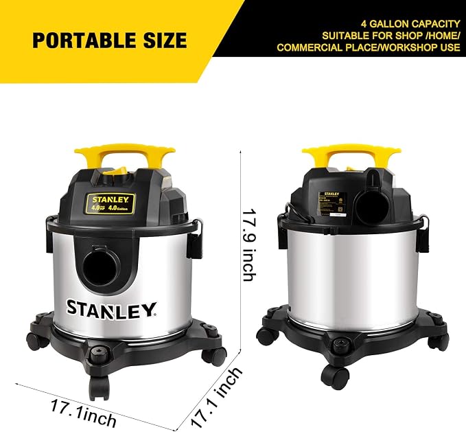 STANLEY 4 Gallon Wet Dry Vacuum, 4 Peak HP Stainless Steel 3 in 1 Shop Vacuum - Image 2