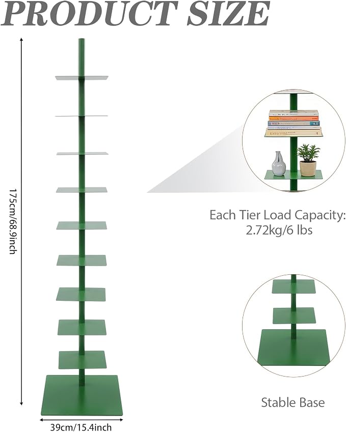 9 Tier Metal Spine Bookshelf Tower, Adjustable Vertical Tower - Image 2