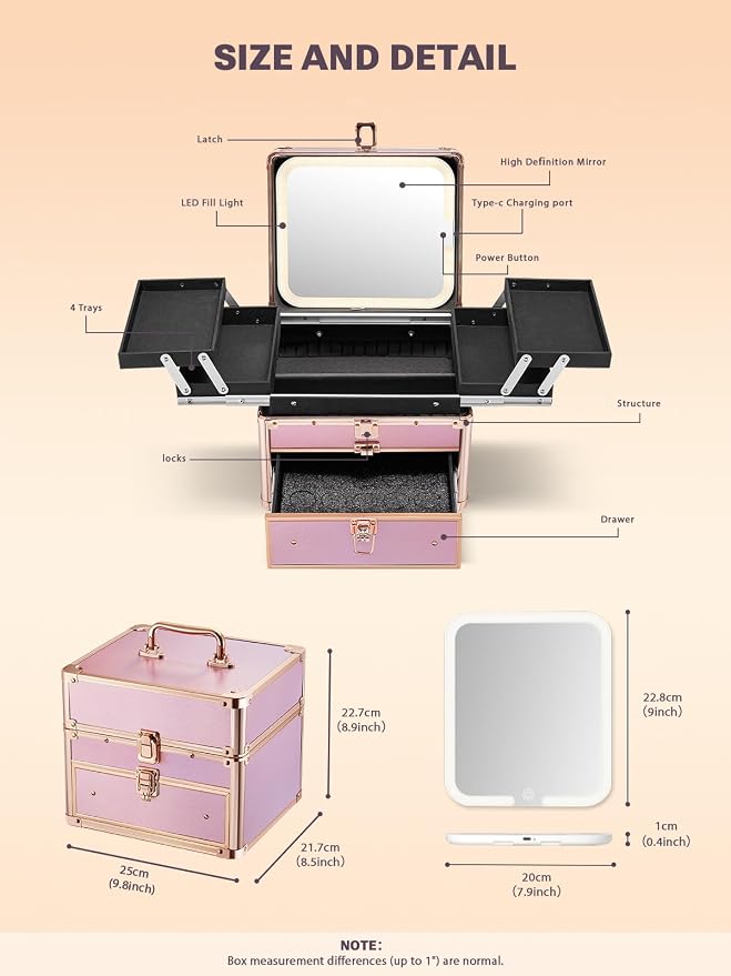 Qislee Makeup Box with Drawer and Four Trays, A Detachable Lighted Mirror - Image 3