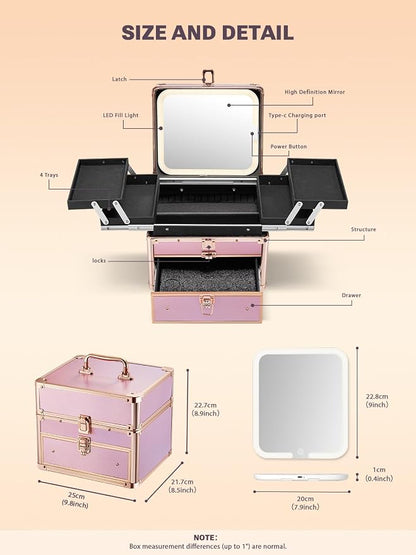 Qislee Makeup Box with Drawer and Four Trays, A Detachable Lighted Mirror - Image 3