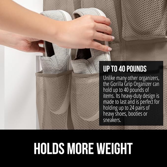 GORILLA GRIP Over the Door Shoe Organizer, 24 Large Breathable Mesh Pockets - Image 3