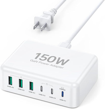 USB C Fast Charger, 150W GaN 6 Port Type C Charging Station Hub Block Cube by BREEKET