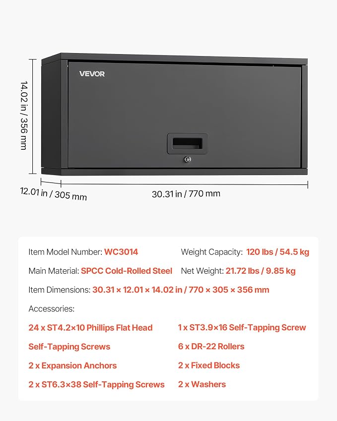 VEVOR Metal Wall Cabinet, 30.31W x 12.01D x 14.02H Inch, Floating Garage Tool - Image 8