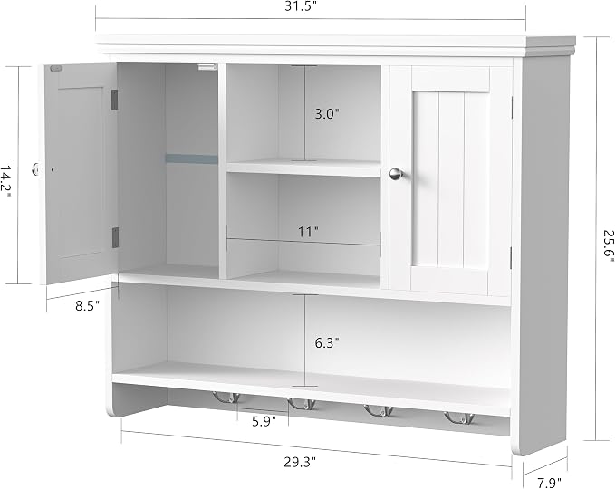 Bathroom Wall Cabinet with Doors and Hooks, 3-Tier Wall Mounted Cabinet | - Image 3