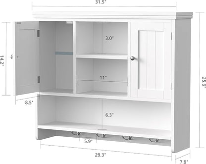 Bathroom Wall Cabinet with Doors and Hooks, 3-Tier Wall Mounted Cabinet | - Image 3