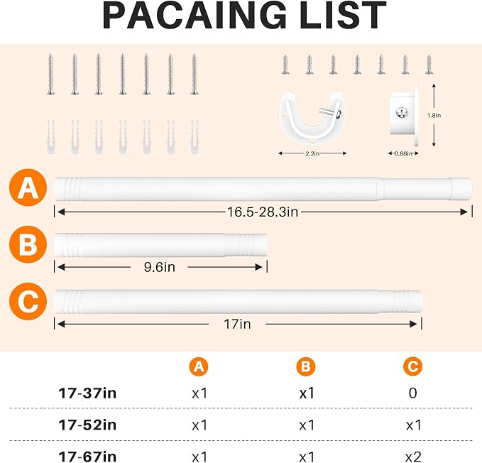 SUTINE Closet Rod, Closet Rods for Hanging Clothes, 17 to 37 inch Adjustable - Image 2