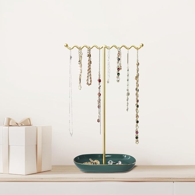 Elegant Jewelry Holder Stand: Metal Tree & Ceramic Tray Organizer - Image 2