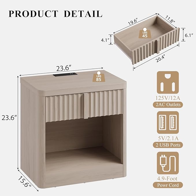 Fluted Nightstand with Charging Station, 23.6" End Table with Solid Wood Handle - Image 2