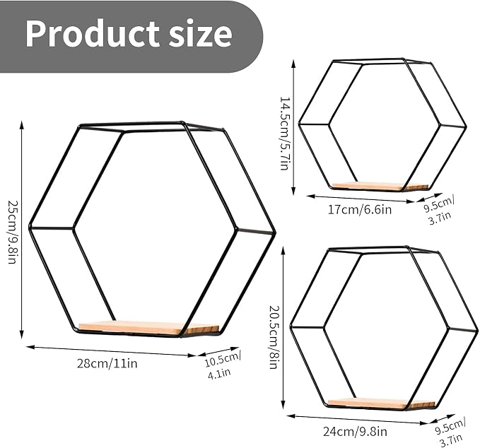 Wall Mounted Hexagonal Floating Shelves Black Set of 3 in Different Sizes - Image 2