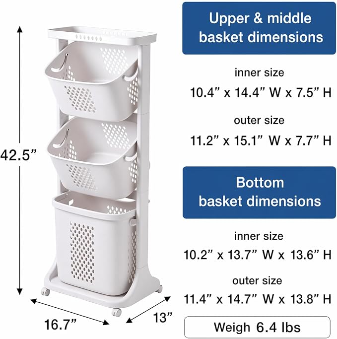 Japard 18 Gal Rolling Laundry Hamper Ultra Slim, Vertical 3 Sorter Cart - Image 6