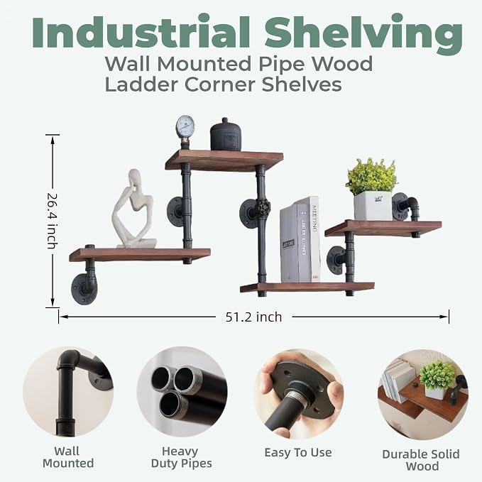 Industrial Rustic Modern Solid Wood Ladder Pipe Wall Mounted Floating Shelves – - Image 2