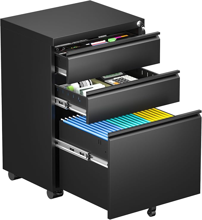 Bonusall 3 Drawer Black File Cabinet, Fully Assembled Metal Rolling Filing by BONUSALL