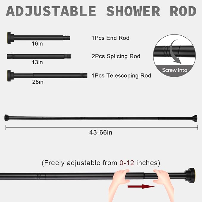 Thestoa Shower Curtain Rod Adjustable 43-66 inch, Anti-Rust Non-Slip Shower Rod - Image 5