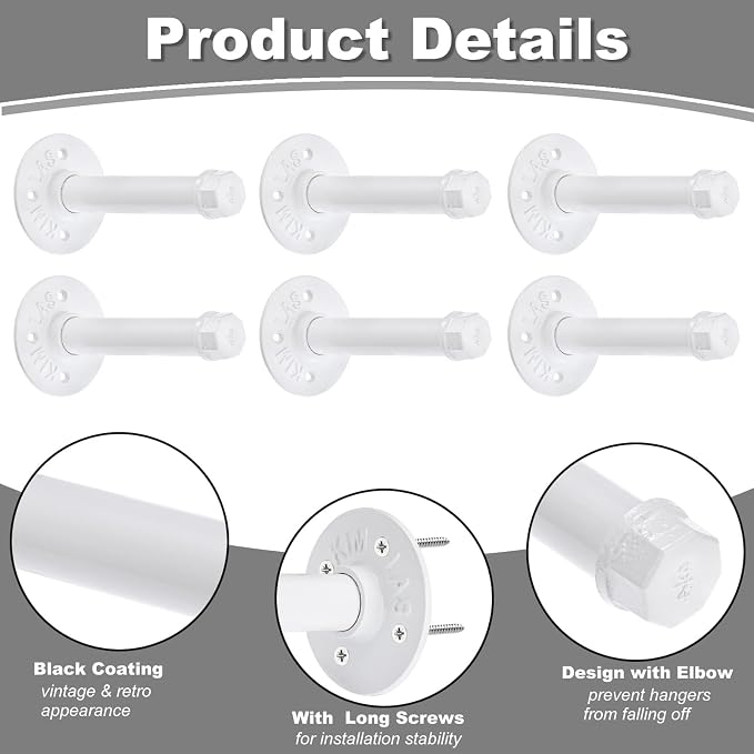 BTSKY 6 Pack Clothes Rack with Screws, 6 Inch Metal Industrial Pipe Clothes Bars - Image 8