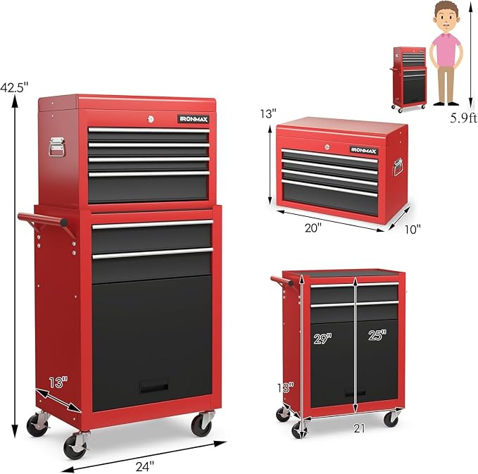 Goplus 6 Drawers Tool Chest, 2-in-1 Rolling Tool Box - Image 2