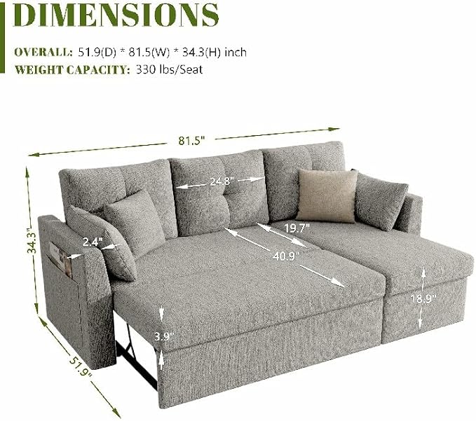 Huatean Home Sleeper Sofa Couch, 2 in 1 Sectional Sleeper Couch Bed - Image 2