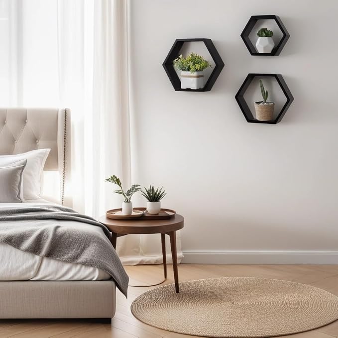 ROSE BLOOM Set of 3 Black Wood Hexagon Shelves - Image 2