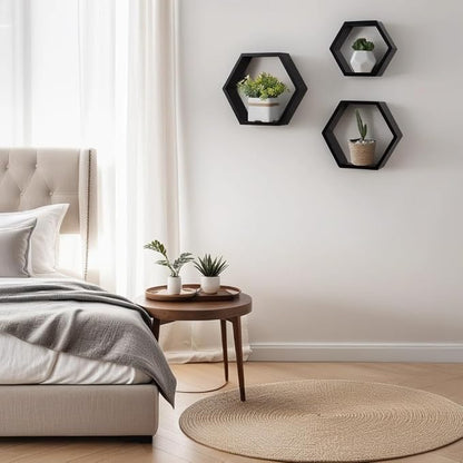 ROSE BLOOM Set of 3 Black Wood Hexagon Shelves - Image 2