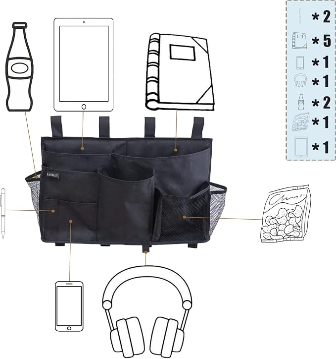 LEISUIT Hanging Storage Bag Bedside Organizer 9 Pockets Black - Image 4