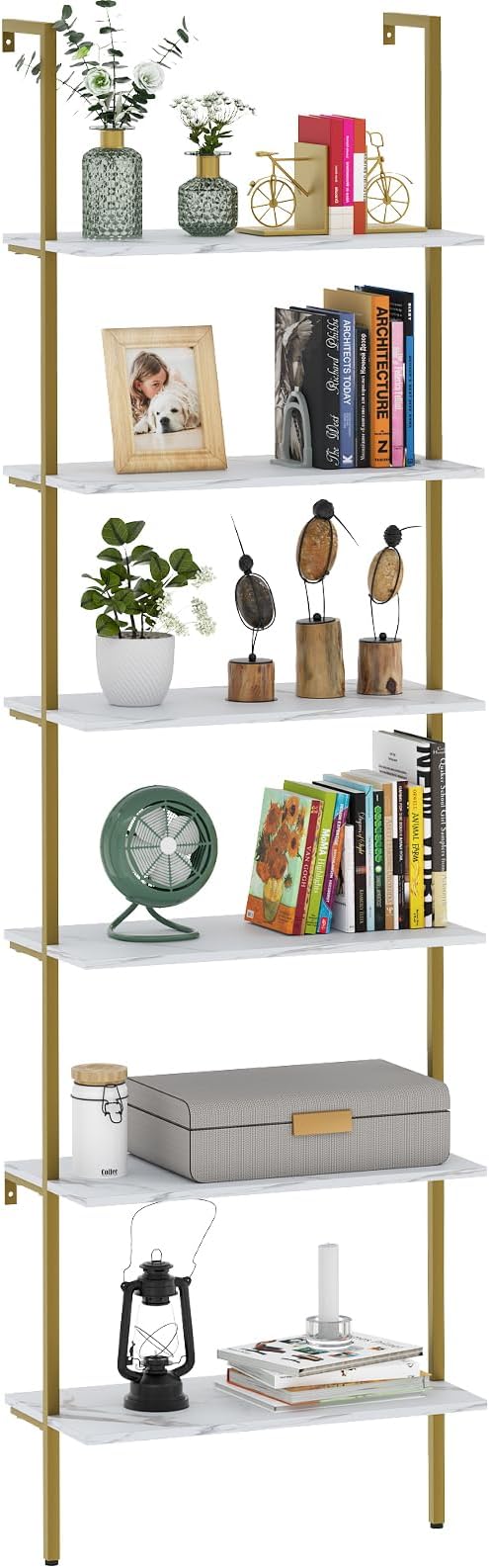 Ladder Shelf 6 Tiers Marble White Modern Bookshelf Open Tall Wall Mount by Wolawu