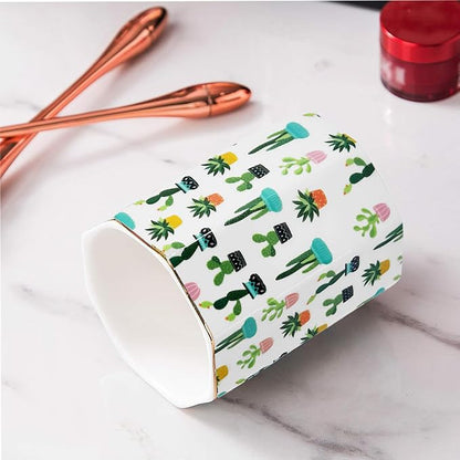 Pen Holder, Makeup Brush Holder Ceramic Shiny Gold Tropical Cactus Green - Image 6