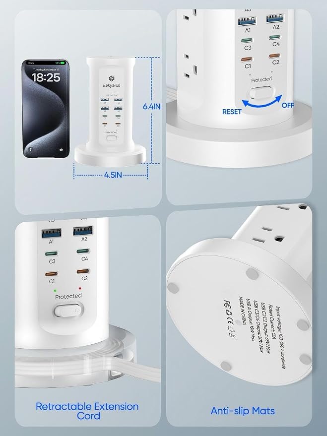Kakyanill 115W USB Charging Station, Power Strip Tower, 9 AC Outlets - Image 6
