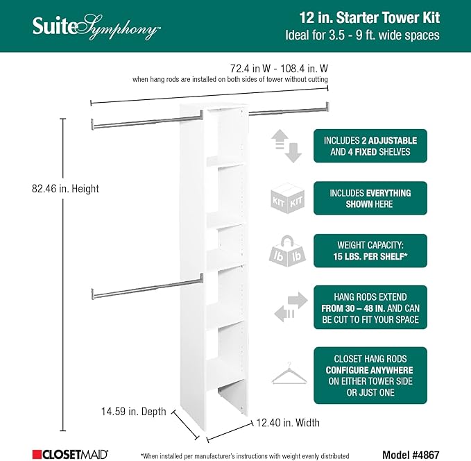 ClosetMaid 4867 SuiteSymphony 12-Inch Starter Tower Kit, Pure White - Image 6