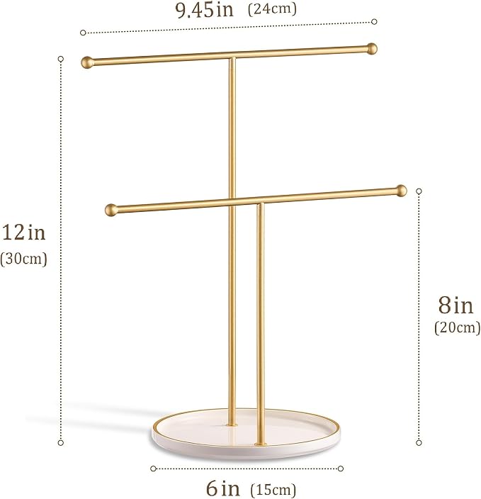 Gold Jewelry Holder Stand with Ceramic Tray: Small Hanging Necklace Organizer - Image 6