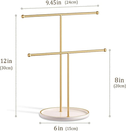 Gold Jewelry Holder Stand with Ceramic Tray: Small Hanging Necklace Organizer - Image 6