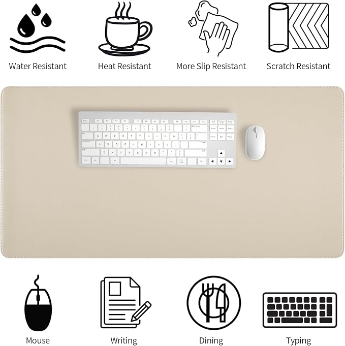 Beige Desk Mat with Stitched Edges, 31.5"×15.7" Keyboard Pad, Non-Slip Desk - Image 4