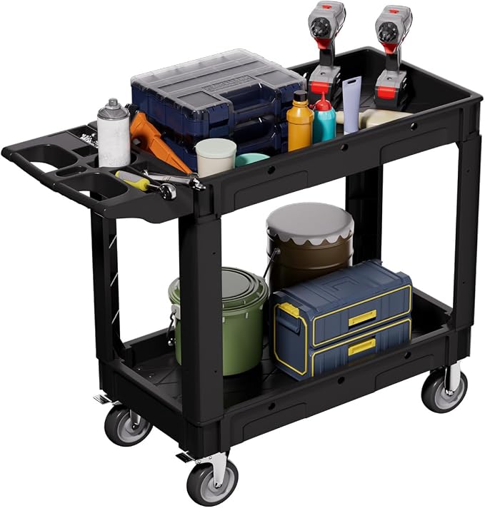 2 Tier Plastic Rolling Utility Cart on Wheels, Heavy Duty Tool Cart by Bettertoolsforbetterlife