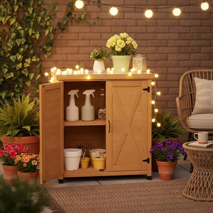 Potting Bench with Storage Cabinet, Outdoor Work Table with Rustic Wood & Metal - Image 9