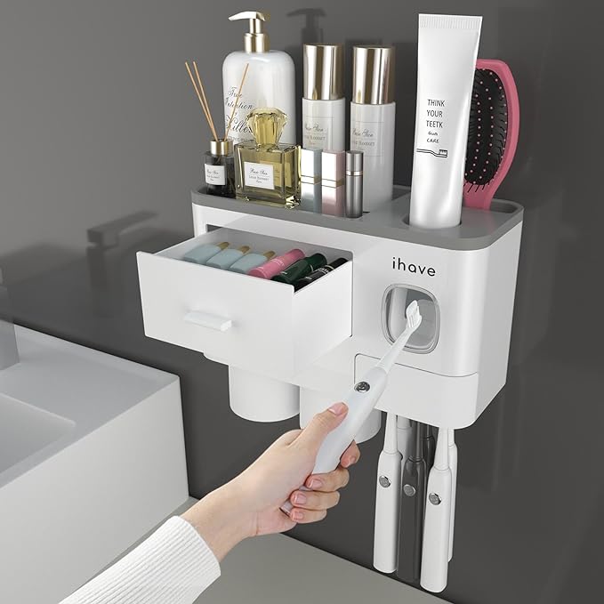iHave Toothbrush Holders for Bathrooms, 2 Cups Toothbrush Holder Wall Mounted by ihave