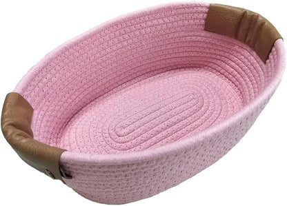 Small Cotton Woven Basket with PU Leather Handle, Baby Kids Clothes Toys Candy by SOORXIEIN