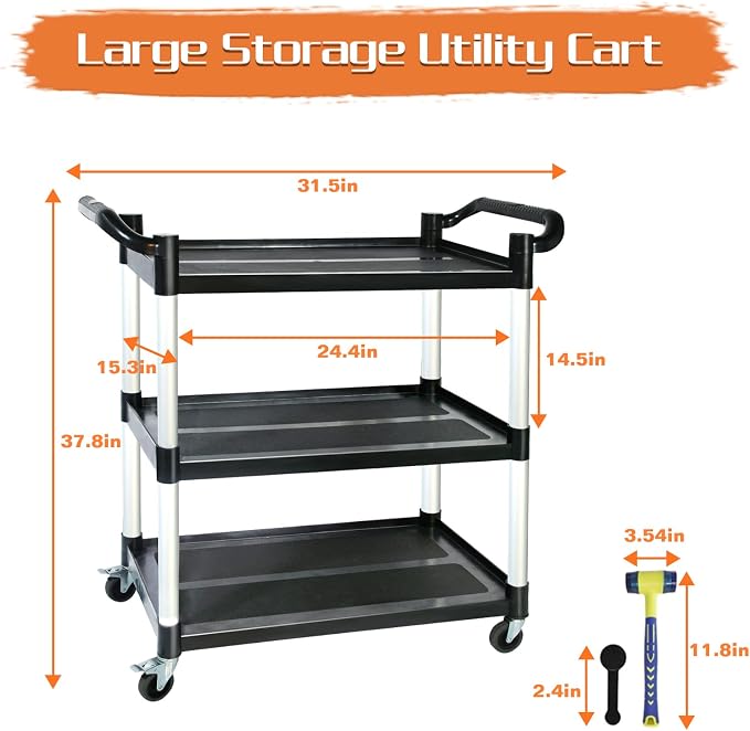 Utility Carts with Wheels, 3-Tier Rolling Cart with Wheels, Heavy Duty 510 LBS - Image 6