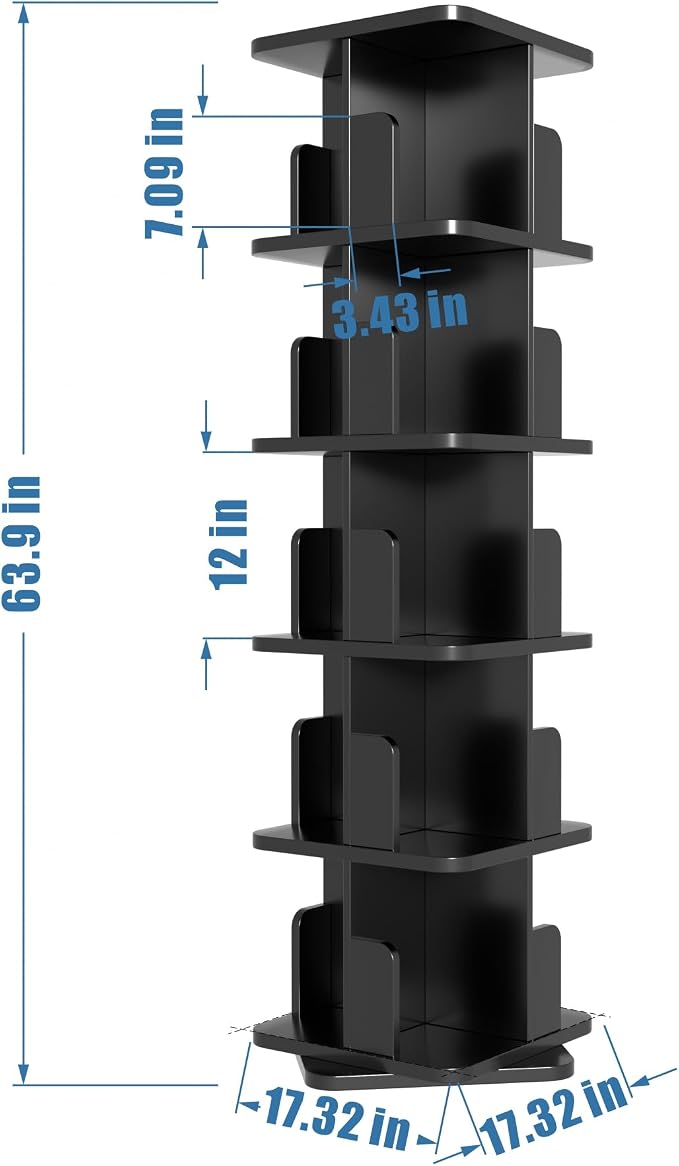 MHOM Black Rotating Bookshelf, 360 Display 5 Tier Rotating Bookshelf Tower - Image 2