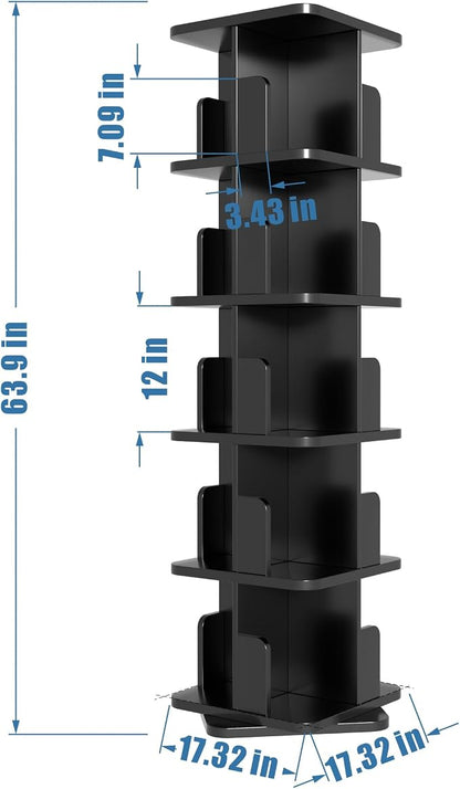 MHOM Black Rotating Bookshelf, 360 Display 5 Tier Rotating Bookshelf Tower - Image 2