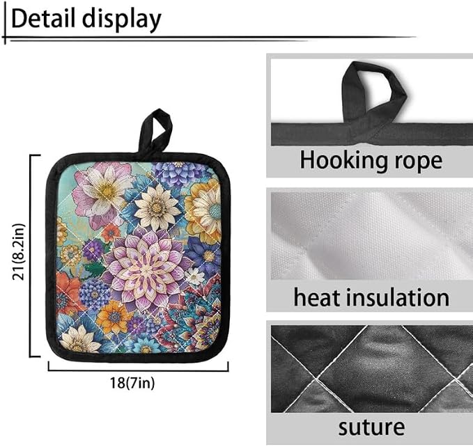 Blooming Flower Pot Holders for Kitchen Heat Resistant Cotton, Groovy Floral 2 - Image 3