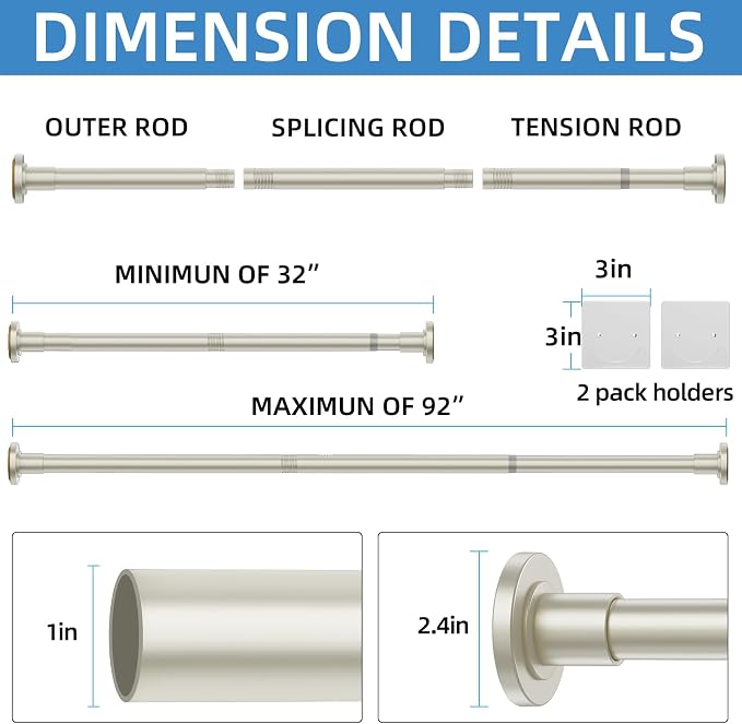 CorkLatta Nickel Adjustable Shower Curtain Rod 32 to 92 inch - Image 4