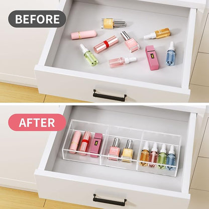HIIMIEI 3 Section Clear Acrylic Drawer Organizer Tray, Office & Makeup Drawer - Image 4