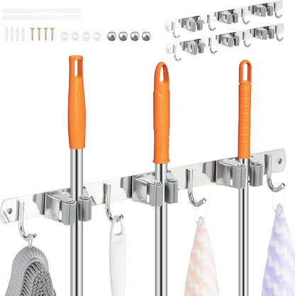 2 Pack Broom Holder Wall Mount 3 Racks 4 Hooks Stainless Steel Broom Mop Holder - Image 3