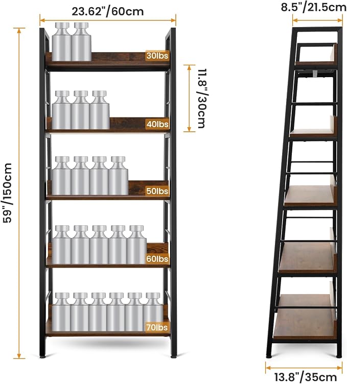 Himimi Industrial Bookshelf 5-Tier, Home Office Bookcase Ladder Shelf, - Image 3