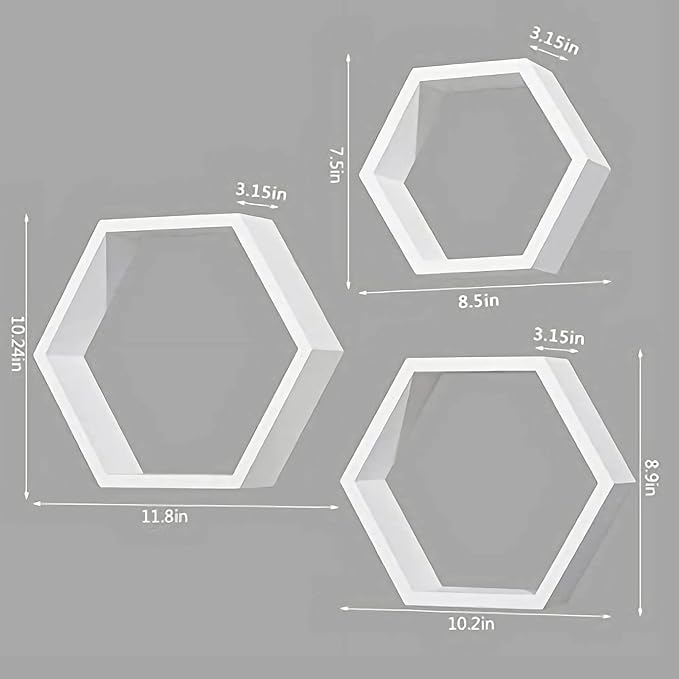 ROSE BLOOM Set of 3 White Wood Hexagon Shelves - Image 3